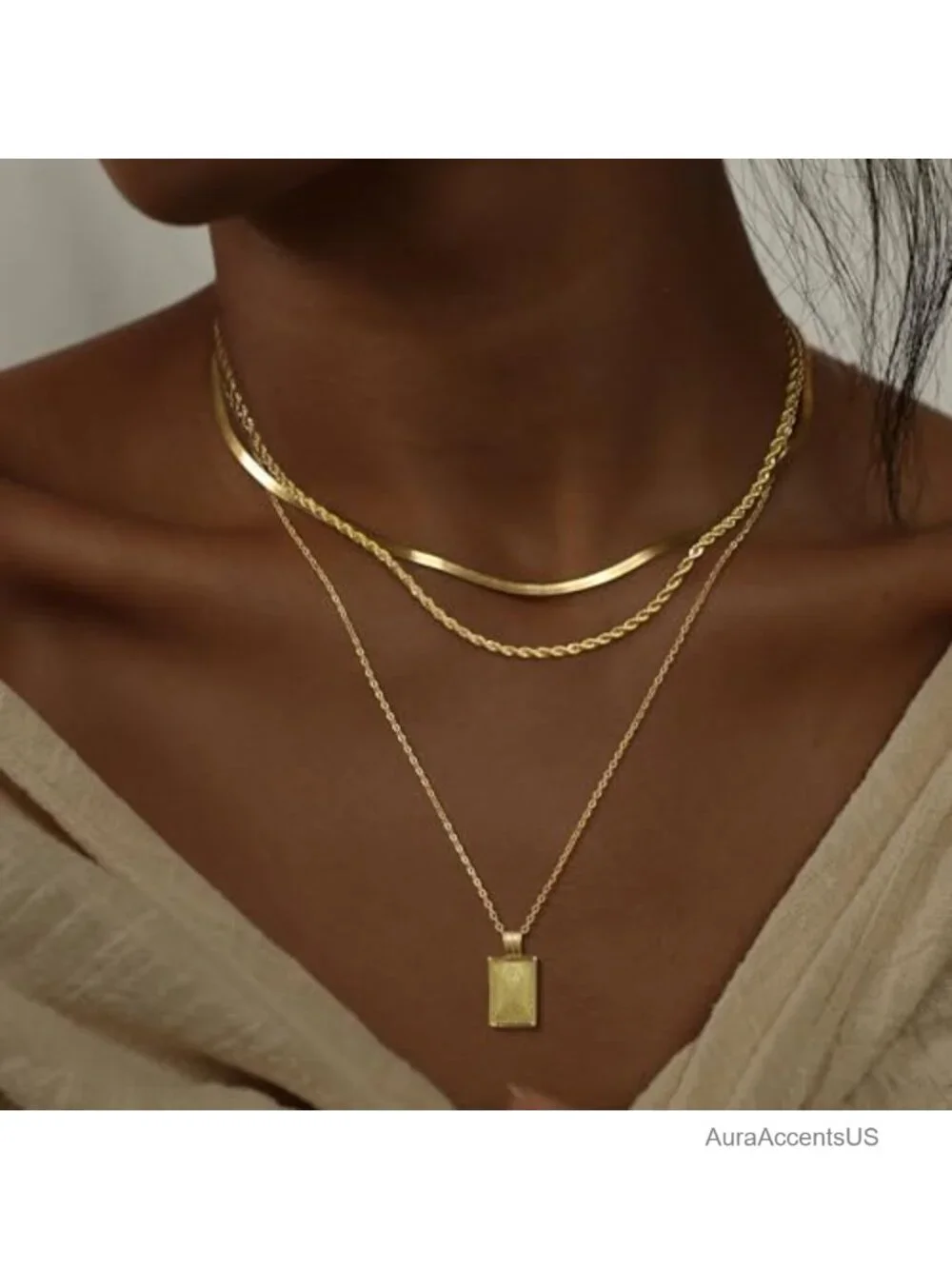 14K Real Gold Plated Layered Necklace Set, Stackable CZ Pendant Necklaces for